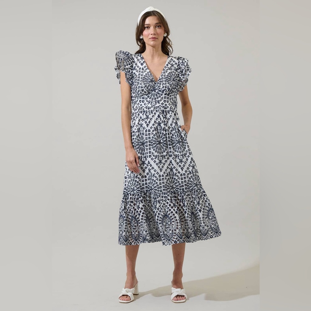 NWT SUGARLIPS - AT SEA EYELET ZAYLA MIDI DRESS Navy White Size Small